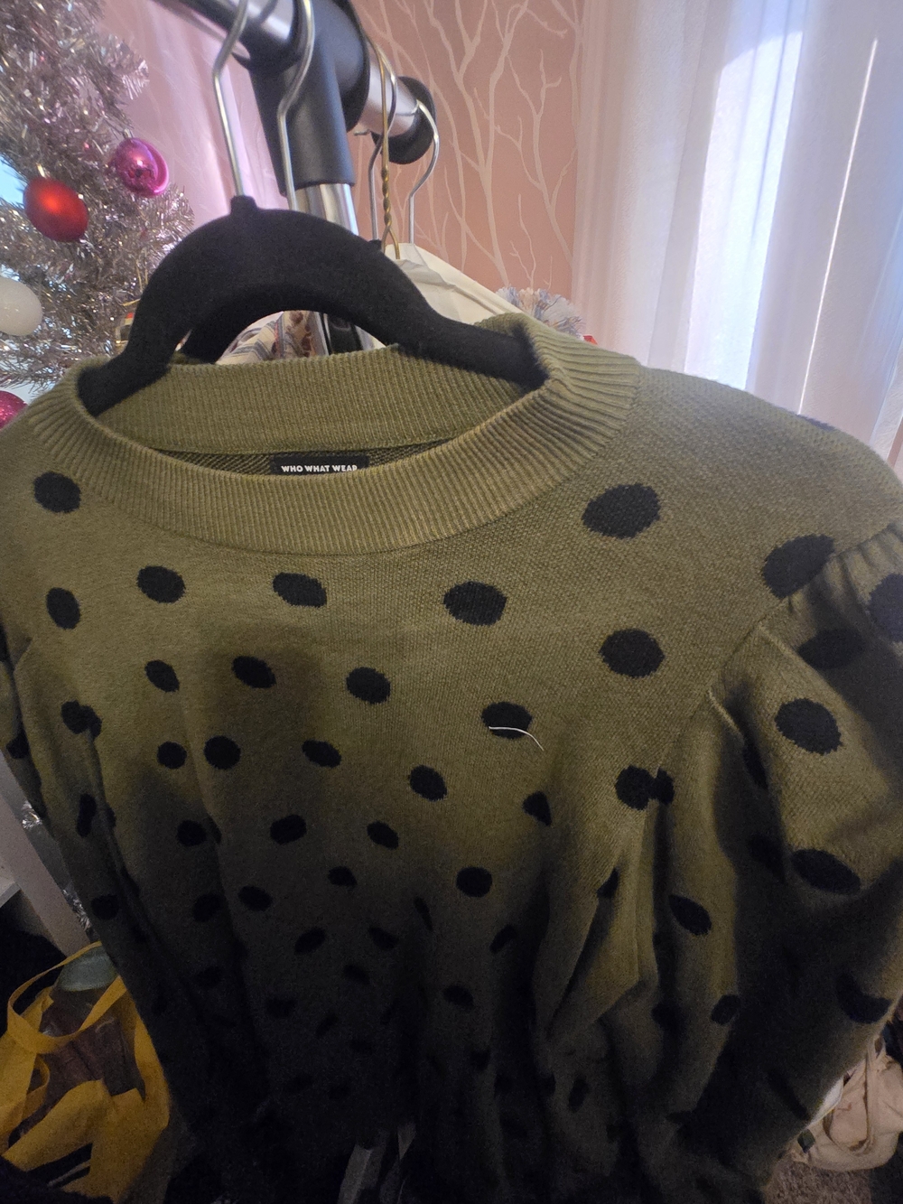 Who What Wear Olive Green Crewneck Sweater with Black Polka Dots